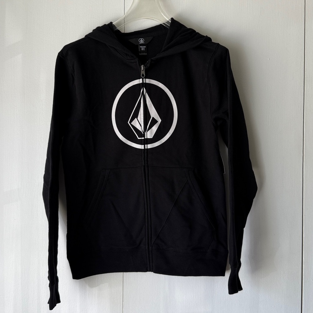 Volcom Black Hooded Zip Up Sweatshirt with White Logo. Youth Sz M NWT